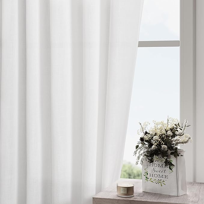 White Linen Curtains 100 inches Long for Bedroom Back Tab Light Filtering Privacy Sheer White Curtains Modern Farmhouse Coastal Decor Off White Cotton Textured Curtain for Living Room 2 Panel Set