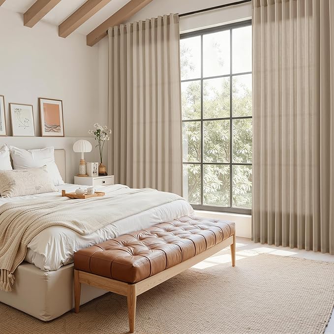 Sepia Beige Linen Curtains 108 Inches Long for Living Room Farmhouse Decor Light Filtering Semi Sheer Curtain Back Tab Rod Pocket Neutral Floor to Ceiling High Window for Bedroom 52x108, 2 Panels