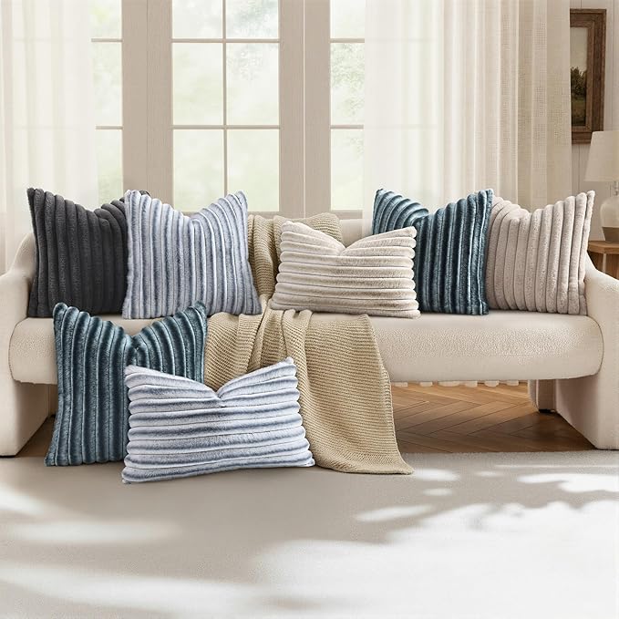 decorUhome Cozy Faux Fur Throw Pillow Covers 16x16 Set of 2 Decorative Soft Plush Striped Modern Farmhouse Boho Couch Pillow Cases with Velvet Back for Sofa Bed Living Room, Blue Grey