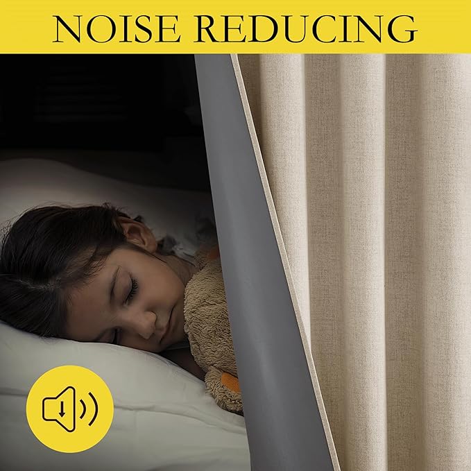 NICETOWN Cream Thick Linen Blend 100% Blackout Curtains 63" Long 2 Panels Set for Bedroom, 42" Wide, Rustic Grommet Thermal Insulated Flax Textured Full Blackout Window Draperies with Grey Liners