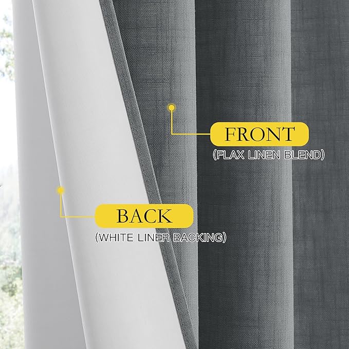 NICETOWN Vintage Open Linen Weave Flax Thermal Curtains, Dove Grey, 34" Wide Per Panel, Set of 2, 100% Blackout Curtains 60" Long for Dining Room, Soundproof Window Treatment Drapes for Cupboard