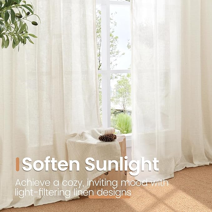 BGment 108 Inches Long Linen Curtains for Living Room Windows, Semi Sheer Drapes Light Filtering for Farmhouse Bedroom Decor Lightweight with Rod Pocket, Light Beige, 2 Panels Set, Each 52 Inch Wide