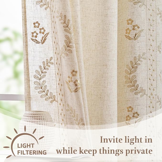 jinchan Belrose Linen Floral Cafe Curtains 45 Inch Length Embroidered Farmhouse Curtains for Kitchen Bedroom Bathroom Small Windows Curtain Set Light Filtering 2 Panels Beige