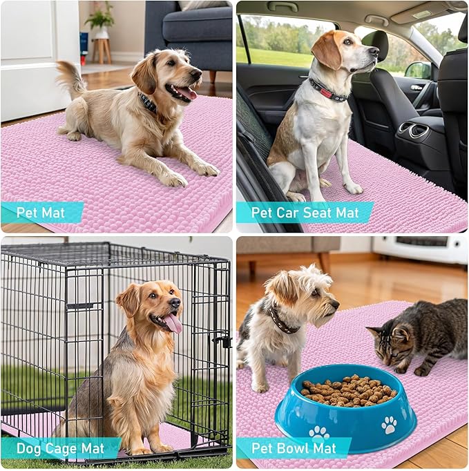 OLANLY Dog Door Mat for Muddy Paws 59x32, Absorbs Moisture and Dirt, Absorbent Non-Slip Washable Doormat, Quick Dry Chenille Mud Mat for Dogs, Entry Indoor Entryway Carpet for Inside Floor, Pink