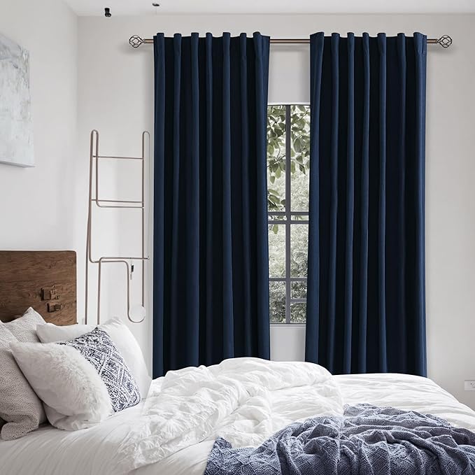 Guken Navy Blue 100% Blackout Linen Curtains 102 Inch Length 2 Panels Set for Living Room Bedroom Back Tab Thermal Insulated Black Out Linen Drapes Room Darkening Window Curtains,52x102