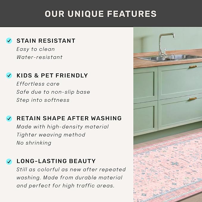 Hazo Haus Pink and Blue Washable 5x8 Living Room Rugs, Boho Aethestic Oushak Vintage Area Rug for Bedroom Girls Kids Playroom Nursery Room, Non-Slip Rubber Backing Stain Resistant