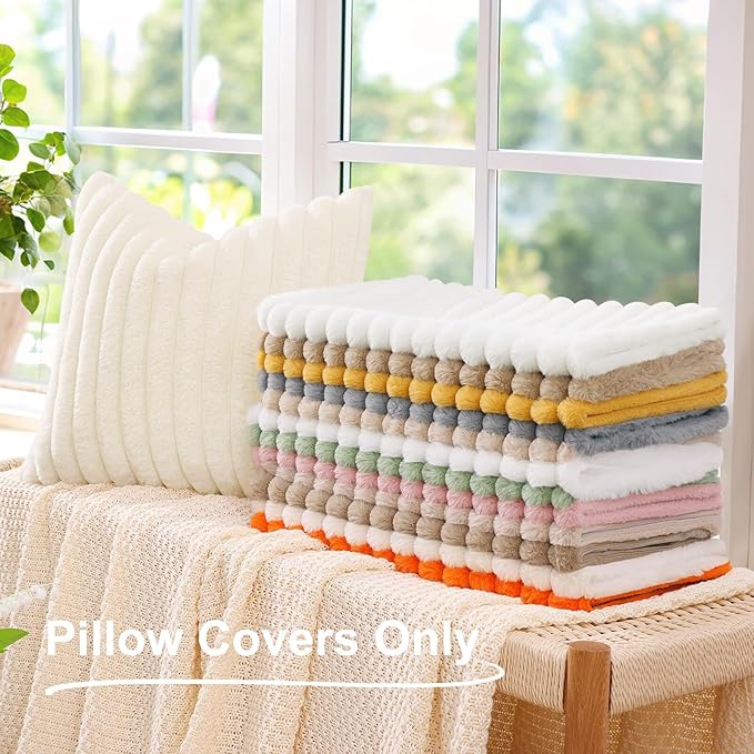 decorUhome Summer Cozy Faux Fur Throw Pillow Covers 16x16 Set of 2 Decorative Soft Plush Striped Modern Farmhouse Boho Couch Pillow Cases with Velvet Back for Sofa Bed Living Room, Pink