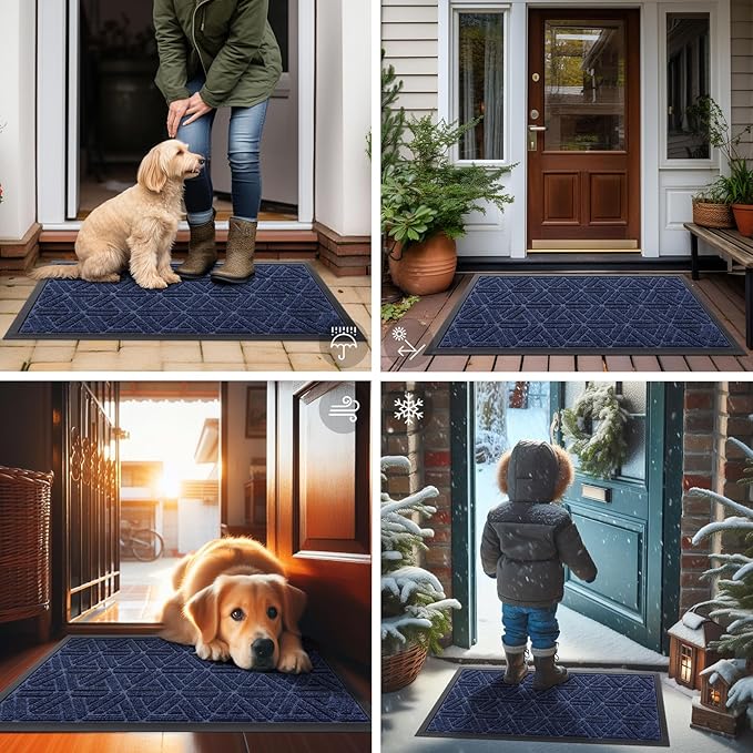 Smiry Front Door Mat Outside Entrance, Heavy Duty Sturdy Natural Rubber Doormat, Trap Dirt and Moisture, Easy Clean Low Profile Mats for Indoor Outdoor Entry, Grid Geometric (59x23, Navy Blue)