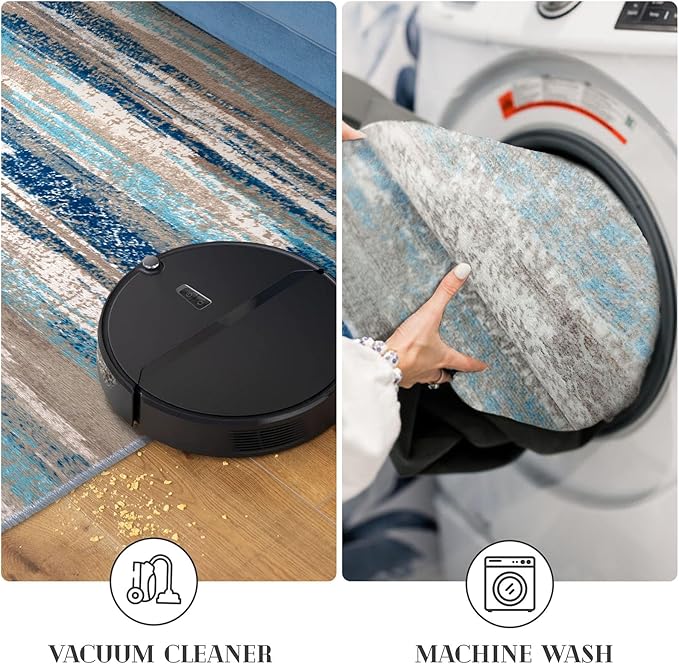 Lansny Modern Abstract Runner Rug 3x8, Blue Washable Kitchen Runner Non-Slip Soft Hallway Rug Runner Thin Print Faux Wool Carpet for Entryway Bedroom Laundry Room Indoor Home Office Decor