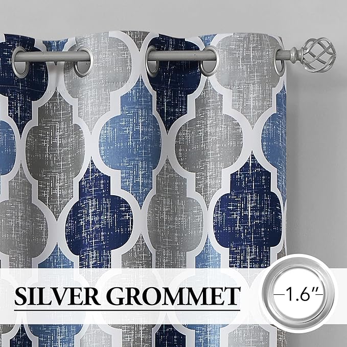 Beauoop 100% Blackout Curtains 84 Inches Long for Patio Sliding Door Blue Grey Extra Wide Moroccan Geo Room Darkening Thermal Soundproof Room Divider Grommet Window Treatment Drapes,100x84 Set of 1