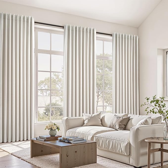 Topfinel 132 Inch Curtains Extra Long Living Room for Large Window 11 FT 2 Panels Natural Ivory Birch Linen Texture Thermal Insulated Energy Saving Drapes for Living Room Sliding Door (W52 x L132 x2)