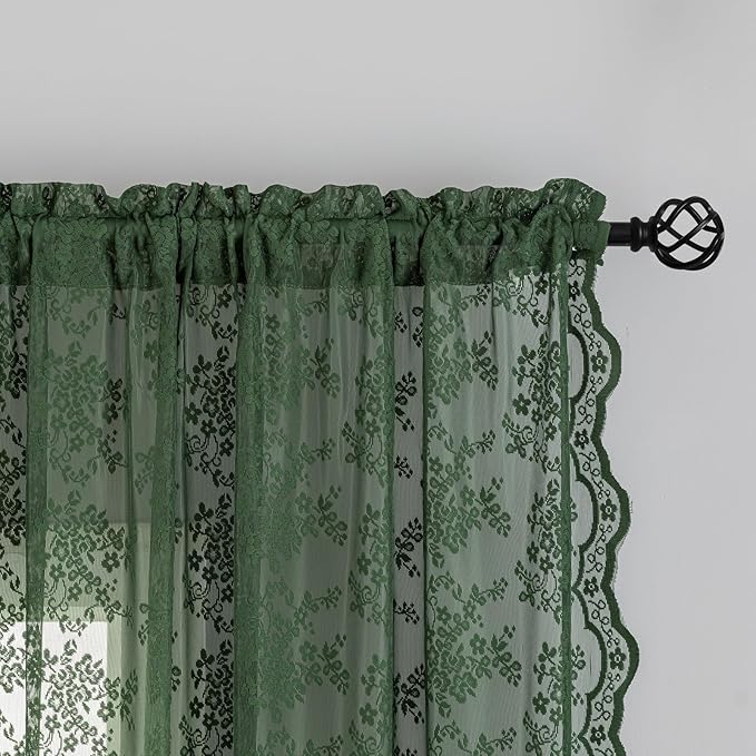 YJ YANJUN Vintage Lace Curtains-Victorian Floral Dark Green Boho 102 inch Long Curtains for Living Room Bedroom Custom 2 Panel Rod Pocket Retro Crochet Sheer Floor to Ceiling Drapes W52xL102 2 Panels