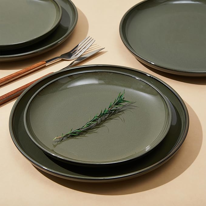 8 Inch Ceramic Plates Set, Microwave Safe Plates, Kitchen Serving Dishes, Scratch Resistant and Dishwasher Safe, Blackish Green