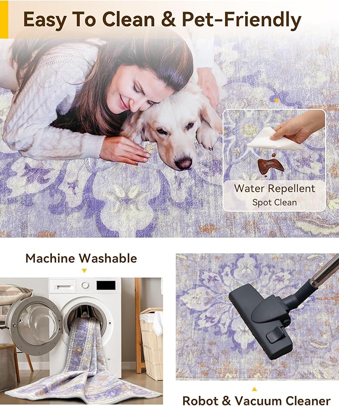 RELEANY Area Rugs 5'x7' Washable Non-Slip, Floral Vintage Distress Print Pattern Medallion Carpet for Living Room Bedroom Dining Room, Light Purple Brown