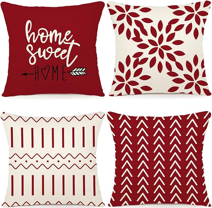 YCOLL Christmas Pillow Covers 16x16 Set of 4, Modern Sofa Throw Pillow Cover for Christmas Decor, Decorative Outdoor Linen Fabric Pillow Case for Couch Bed Car, Red