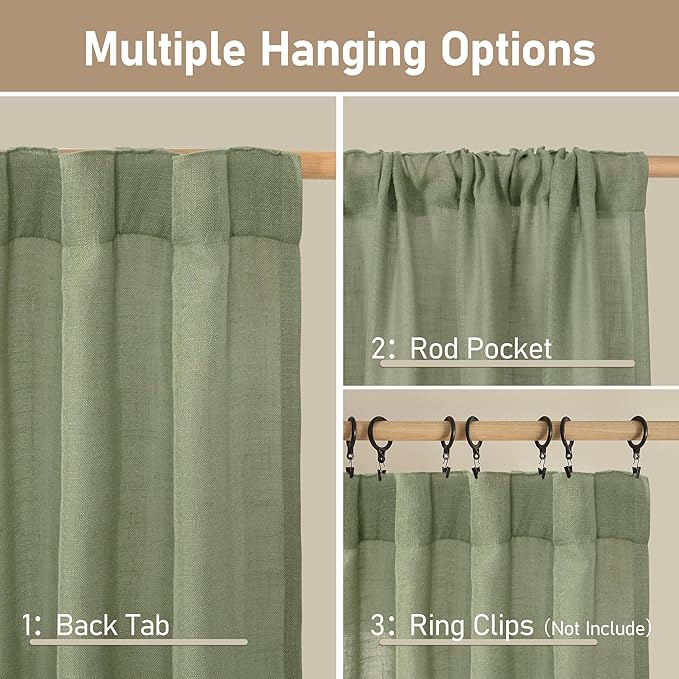 LAMIT 95 Inches Long Sage Green Linen Curtains for Living Room, Back Tab and Rod Pocket Linen Textured Curtains Light Filtering Boho Drapes for Bedroom/Dining Room, Set of 2, 52 x 95 Inch