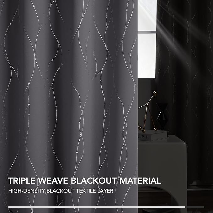 Deconovo Blackout Curtains, Thermal Insulated Noise‑Reducing Grommet Drapes, Wave Line Dot Foil Print, 38 x 63 Inch, 2 Panels, Machine‑Washable Window Curtains for Bedroom Living Room Kitchen Office