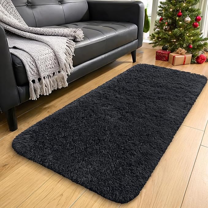 OLANLY 3x11 Machine Washable Runner Rugs for Hallway, Soft Fluffy Shaggy Bedside Rugs for Bedroom, Living Room, Indoor Floor Carpet for Kids Girls and Boys, Nursery Rooms, Home Decor Aesthetic, Black