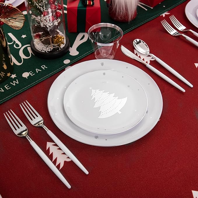 bUCLA 150PCS Christmas White and Silver Plastic Plates for 25 Guests - Include 25 Each (Dinner & Dessert) Plates, 25 Cups, 25 Knives, 25 Forks, 25 Spoons
