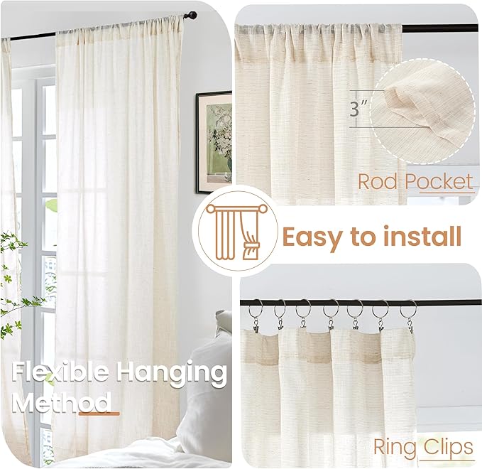 BGment Linen Curtains 102 Inches Long for Living Room, Semi Sheer Light Beige Window Drapes for Bedroom Farmhosue Decor Floor Length with Rod Pocket Leightweight, 2 Panels Set, Each 52 Inch Wide