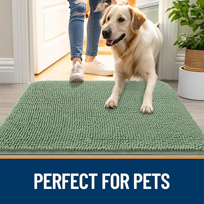 OLANLY Dog Door Mat for Muddy Paws 47x17, Absorbs Moisture and Dirt, Absorbent Non-Slip Washable Doormat, Quick Dry Chenille Mud Mat, Entry Indoor Entryway Carpet for Inside Floor, Olive Green