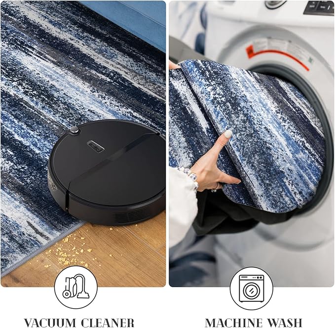 Lansny Modern Abstract Hallway Runner Rug, Navy Blue Washable Kitchen Runner Non-Slip Soft 2x8 Runner Rug Thin Print Faux Wool Carpet for Entryway Bedroom Laundry Room Indoor
