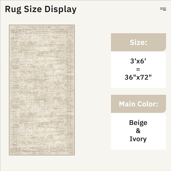 Runner Rug 3x6 Washable Non-Slip Kitchen Runner Rugs for Bathroom Laundry Room Beige Vintage Floor Carpet Runners for Hallway Entryway