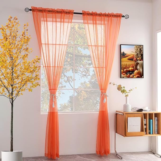 youleyar Solid Sheer Rod Pocket Curtain Voile Draperies 2 Panels White Beige Black Grey Coffee 52 Inch Width 84 Inch Long 1 Pair for Kitchen Bedroom Children Living Room Yard (Orange Red,52Wｘ84L)