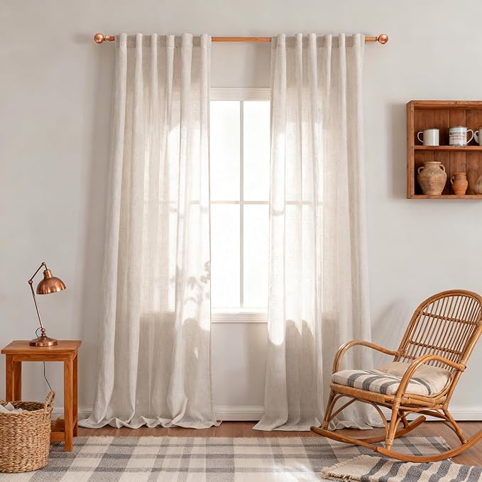 MYSKY HOME Linen Curtains for Living Room 96 Inches Long, Semi Sheer Curtains & Drapes 2 Panels Set Natural Floor to Ceiling Curtain Farmhouse Country Home Decor for Sliding Glass Door, 50" Wide