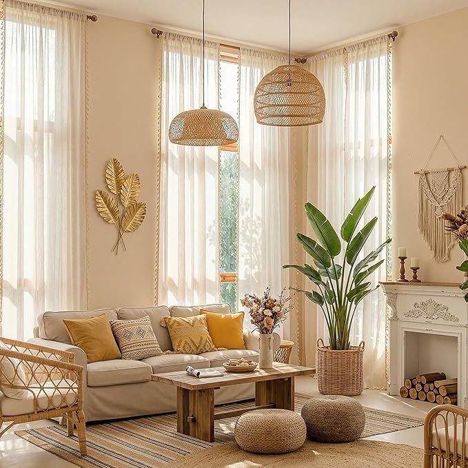 MYSKY HOME Linen Tassels Curtains for Living Room Bedroom, Semi Sheer Drapes 84 inches Length Farmhouse Boho Style Back Tab Macrame Drapes for Sliding Glass Door, Linen, 50" W×84" L, 2 Panels