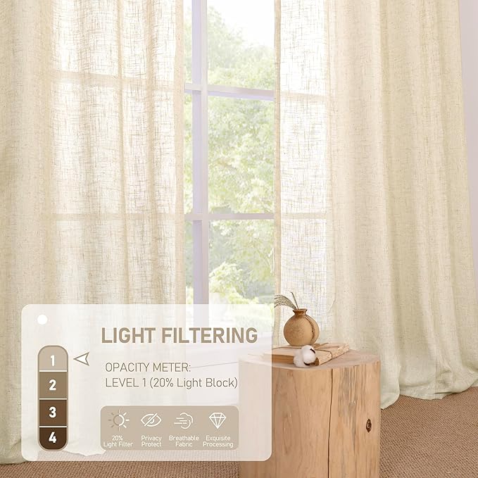 LAMIT Beige Linen Curtains 54 Inches Long for Bedroom, Semi Sheer Neutral Faux Linen Textured Window Light Filtering Panels with Bronze Grommet for Kitchen,2 Panels Set, 52 X 54 Inch
