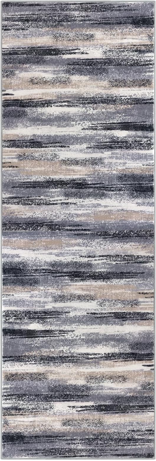 Lansny Modern Abstract Runner Rug 2.6x16, Grey Black Multi Washable Long Kitchen Runner Non-Slip Soft Hallway Rug Runner Thin Print Faux Wool Carpet for Entryway Bedroom Laundry Room Indoor Home Decor