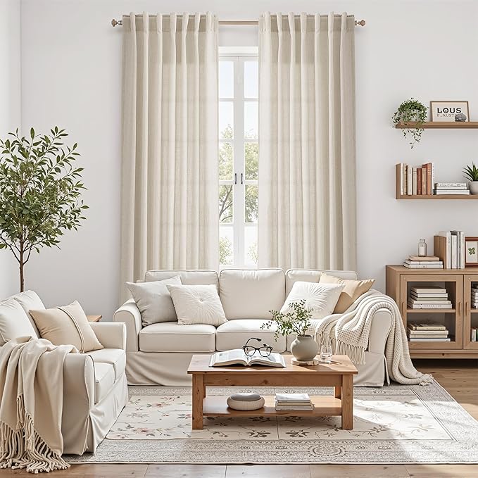 Boho Linen Curtains for Living Room 126 Inches Long Light Filtering Semi Sheer Curtain Back Tab Boho Eclectic Home Decor Farmhouse Drapes Floor to Ceiling High Window for Bedroom 52x126, 2 Panels