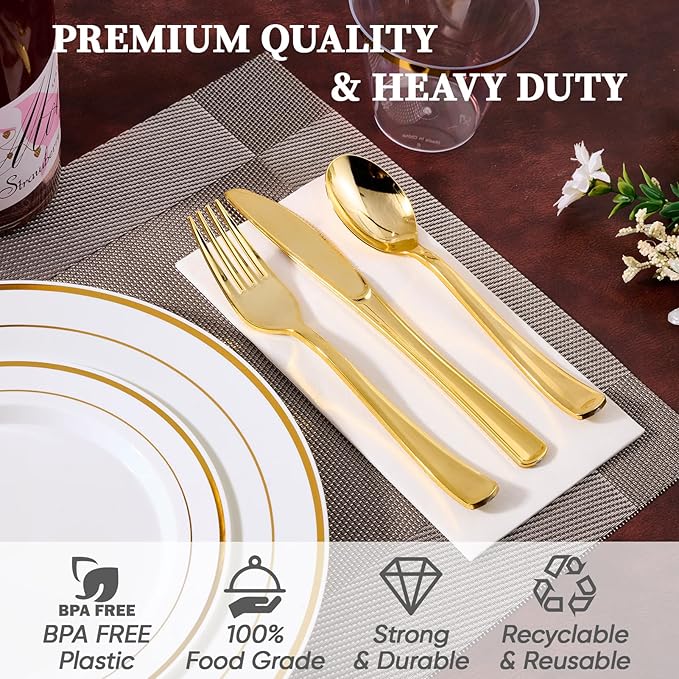 FOCUSLINE 600 Ct Gold Dinnerware Set for 100 Guests - Gold Rimmed Disposable Plastic Plates, Includes 100 Dinner & Salad Plates, Cups, Cutlery Set for Wedding Parties