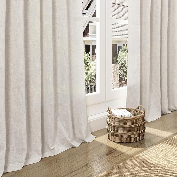 Nanspring Pearl White Linen Curtains 63 Inch Length for Living Room Luxury Light Filtering Semi Sheer Curtain Back Tab Coastal Decor Neutral Elegant Gray Drapes for Bedroom Office 52x63, 2 Panels