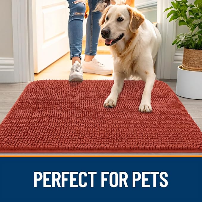OLANLY Dog Door Mat for Muddy Paws 70x46, Absorbs Moisture and Dirt, Absorbent Non-Slip Washable Doormat, Quick Dry Chenille Mud Mat for Dogs, Entry Indoor Entryway Carpet for Inside Floor, Maple Red