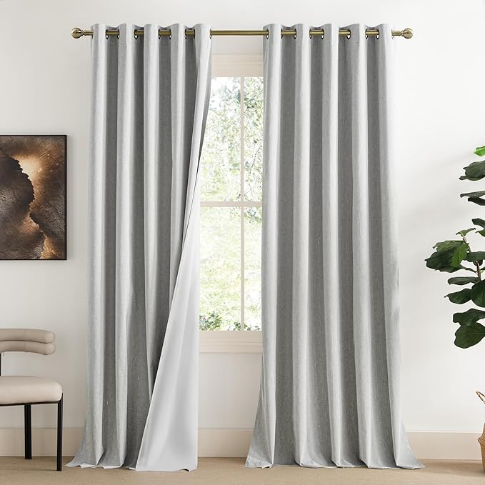 NICETOWN Grey Long Linen Full Shade Panels, 62" Wide x 90" Long, Pair of Thermal Insulated & Energy Efficiency Blackout Curtains for Living Room Windows, Lined Silky Performance Window Dressing