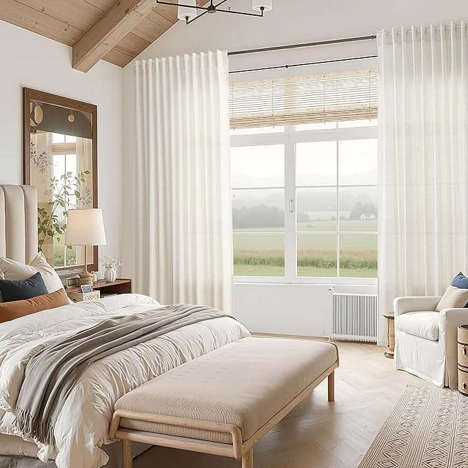 Nanspring Natural Linen Curtains for Living Room 92 Inches Long Rustic Farmhouse Decor Light Filtering Semi Sheer Curtain Back Tab and Rod Pocket Luxury Drapes for Bedroom Office 52x92, 2 Panels