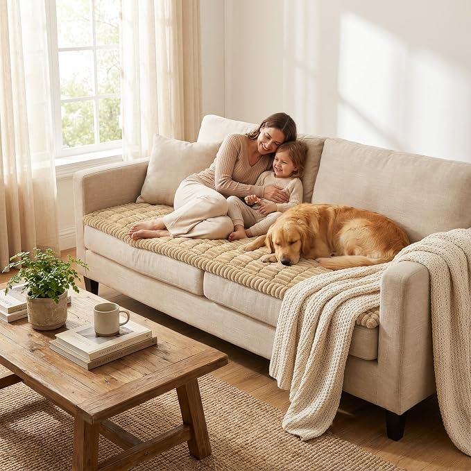 Smiry Couch Cover for Dogs Washable, Non Slip Fuzzy Pet Couch Covers for 3 Cushion Sofa Pet Friendly, Thick Soft Sofa Slipcovers Cushion Protector (Camel, 27.6" x 27.6")