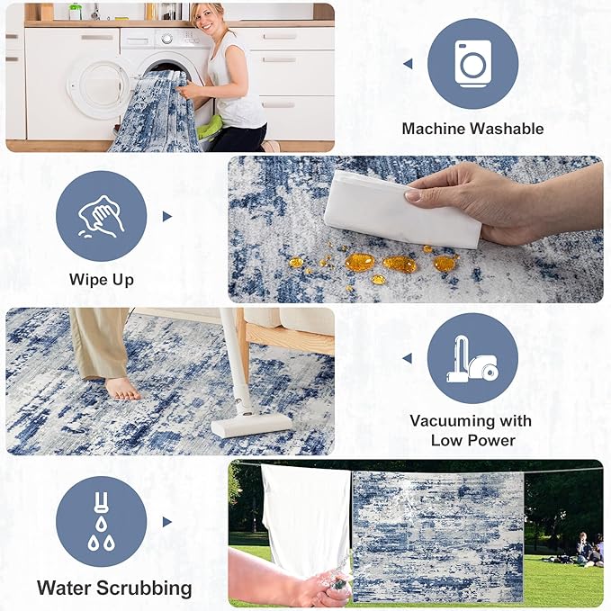 Area Rugs Living Room Rug - 4x6 Washable Modern Abstract Soft Neutral Non-Slip Carpet Large Indoor Floor Thin Carpets for Bedroom Dining Room Farmhouse Nursery Home Office Blue Gray