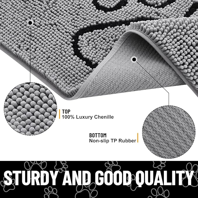 Smiry Dog Door Mat for Muddy Paws, Absorbent Dirt Trapper Non Slip Quick Dry Washable Chenille Mat for Mud Dogs, Entry Rug for Indoor and Outdoor (54x24 Inches, Grey and Black)