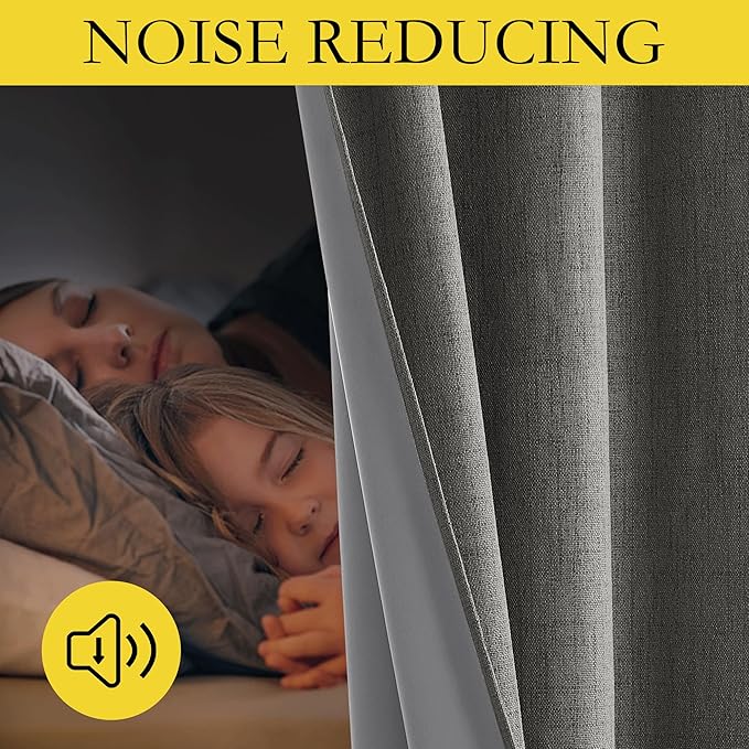 NICETOWN Grizzle Gray Vintage Linen 100% Blackout Curtains for Living Room, Thermal Insulated Curtains 102“ Long, Noise Reducing Window Treatment Drapes for Home Office, 62" Wide Per Panel, Set of 2