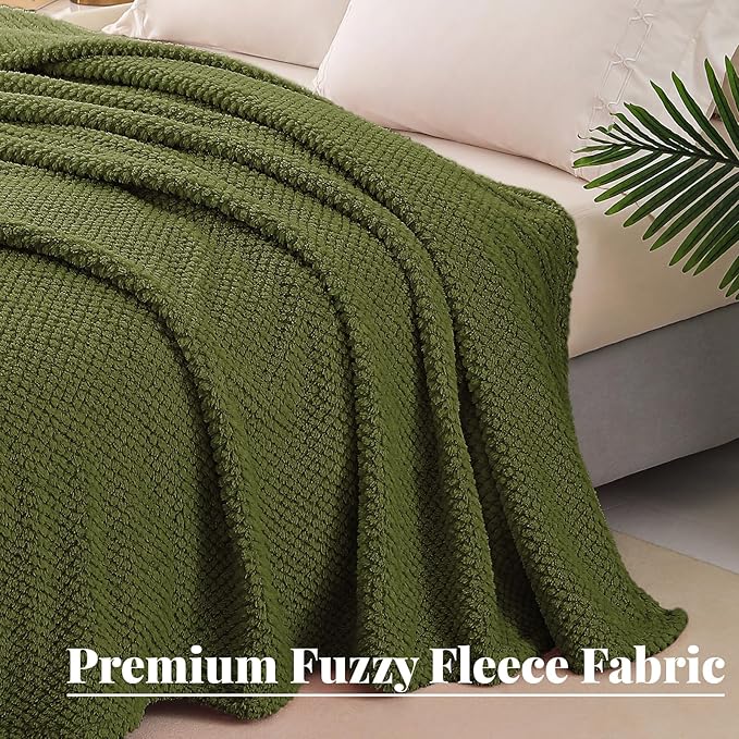 Whale Flotilla Queen Size Fuzzy Fleece Blanket, Fluffy Warm Soft Jacquard Bed Blankets for All Season, Lightweight and Cozy, 90x90 Inch, Olive