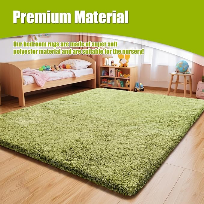 Shag Area Rug for Bedroom 5x8,Grass Green Fluffy Area Rugs for Living Room,Soft Fuzzy Rug Non-Shedding Indoor Plush Carpet for Kids Bedroom Nursery Dorm Home Decor