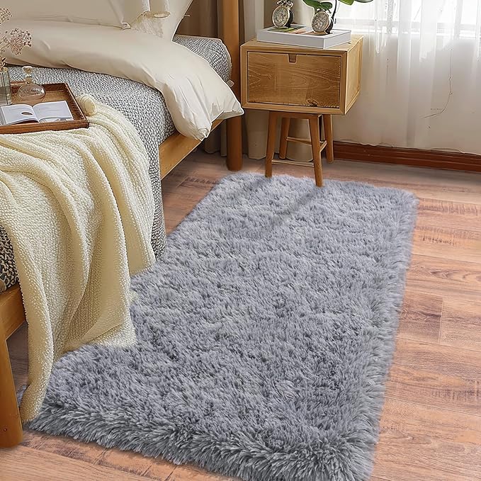 Soft Runner Rugs for Bedroom Hallways, 2 Packs 2x4 Grey Fluffy Shag Throw Area Rug Non Slip for Bedside Dorm, Long Shaggy Furry Carpet for Nursery Living Room
