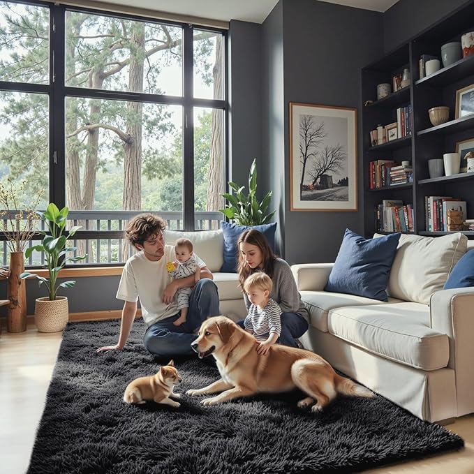 Rugs for Living Room 6x9, Alfombras para Salas Shag Large Plush Soft Area Rug, Shaggy Carpets for Bedroom, Kids Boys Girls Home Decor Aesthetic(Black, 6 x 9 Feet)