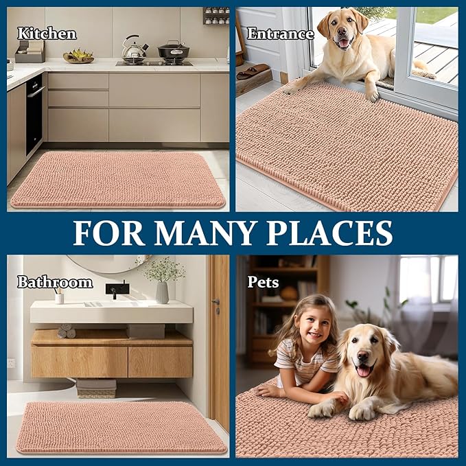 OLANLY Dog Door Mat for Muddy Paws 70x32, Absorbs Moisture and Dirt, Absorbent Non-Slip Washable Doormat, Quick Dry Chenille Mud Mat for Dogs, Entry Indoor Entryway Carpet for Inside Floor, Peach