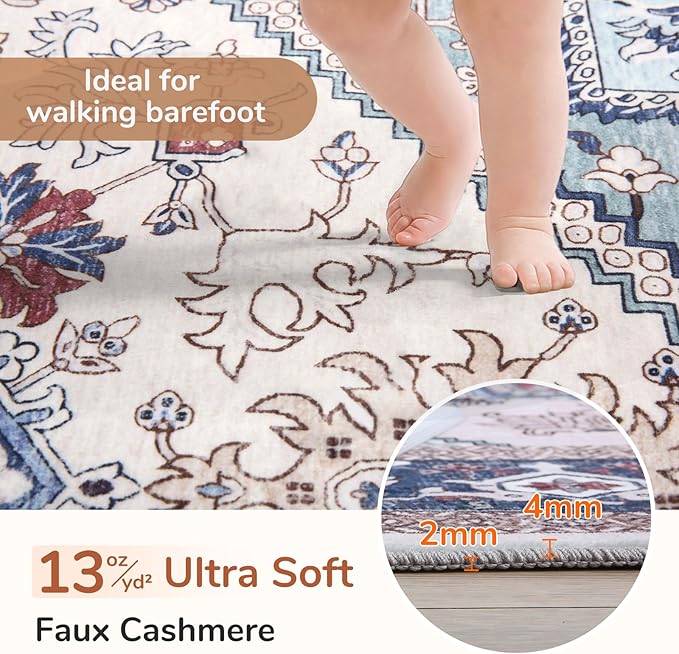 OPPODREAM Soft Area Rugs 9x12 Living Room, Washable Rugs 9x12 with Non Slip Backing, Faux Cashmere Low-Pile 9 x 12 Carpet, Navy Blue & Red & Cream