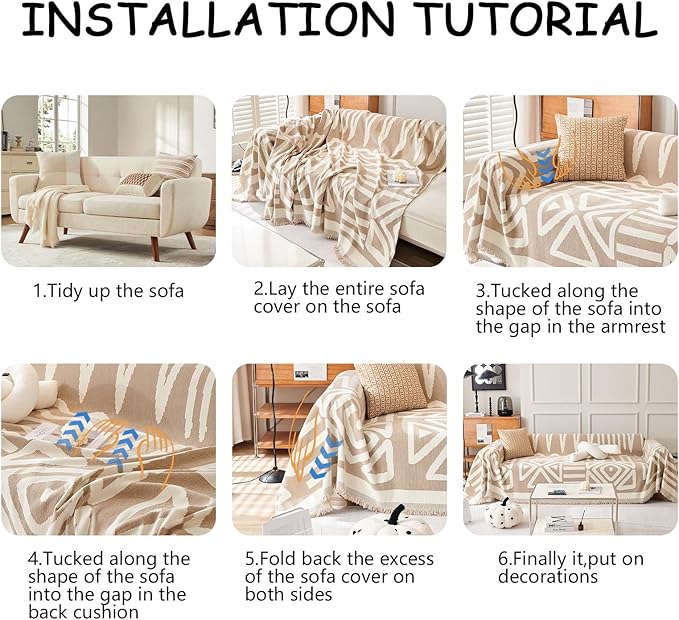 HANDONTIME Sofa Covers for Sectional Sofa Set Boho Couch Cover for Dogs Khaki Throw Couch Cover with Tassel Loveseat Covers Futon Cover L Shaped Cover Washable Chenille Couch Protector, 71" X134"
