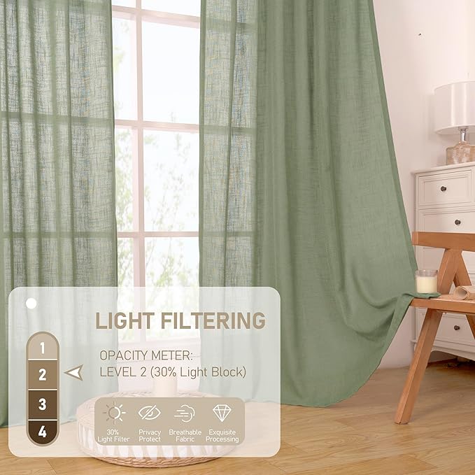 LAMIT Linen Curtains 108 Inches Long for Living Room, Bronze Grommet Linen Textured Sheer Curtains Light Filtering Drapes for Boho Farmhouse, 2 Panels, 52 x 108 Inch, Sage Green